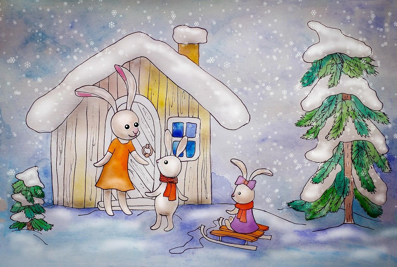 winter, rabbits, house, family, mom, kids, rabbit, hut, snow, forest, snowfall, animals, watercolor, painting, bunny, nature, design, childrens illustration, artist, for children, illustration, children's plot